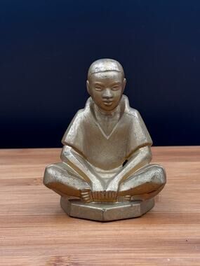 Small Seated Buddhist Monk Figure Statue Gold-Tone Figurine - Heavy for Size